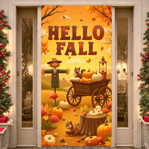Cartoon Fall Banner Hello Fall Pumpkins Autumn Leaves Decoration for Seasonal Celebration Outdoor Decoration Indoor Party