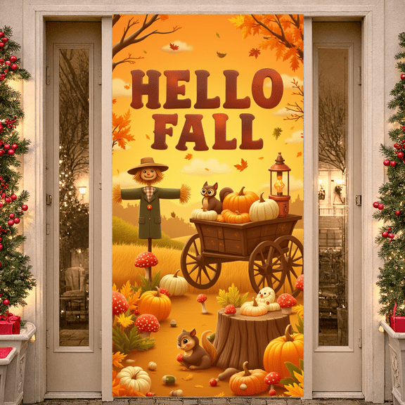 Cartoon Fall Banner Hello Fall Pumpkins Autumn Leaves Decoration for Seasonal Celebration Outdoor Decoration Indoor Party
