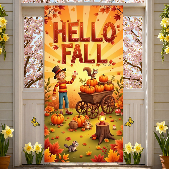 Cartoon Fall Banner Hello Fall Pumpkins Autumn Leaves Decoration for Seasonal Celebration Outdoor Decoration Indoor Party
