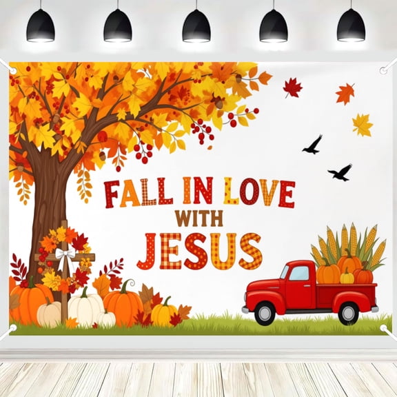 Cartoon Fall Maple Tree & Red Truck Cross Backdrop, Harvest Pumpkin Photo Banner for Autumn Thanksgiving Home Decor 16x24in