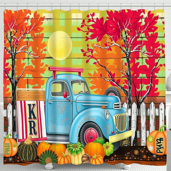 Cartoon Fall Scene Shower Curtain - Blue Truck Pumpkins Picket Fence Warm Nostalgia Decor
