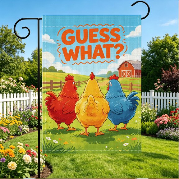 Cartoon Farm Chickens Guess What Double Sided 2D Garden Flag, 12x18 Inch, Yard Housewarming Party Gift, No Flagpole
