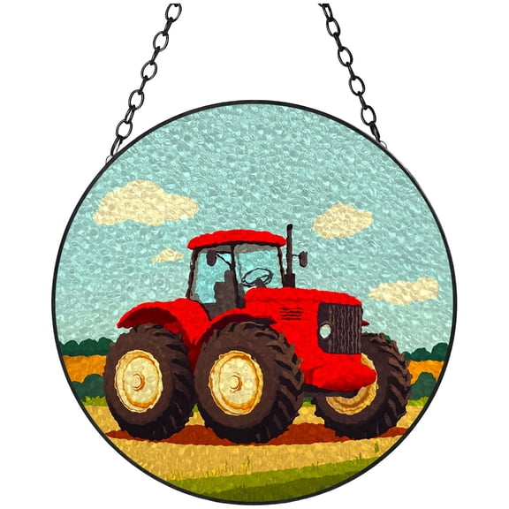 Cartoon Farm Tractor Stained Glass Suncatcher Colored Handmade Window Hangings Glass Suncatcher Crafts Kits for Indoor Garden Christmas Decor and Memorial 16x16cm(2)