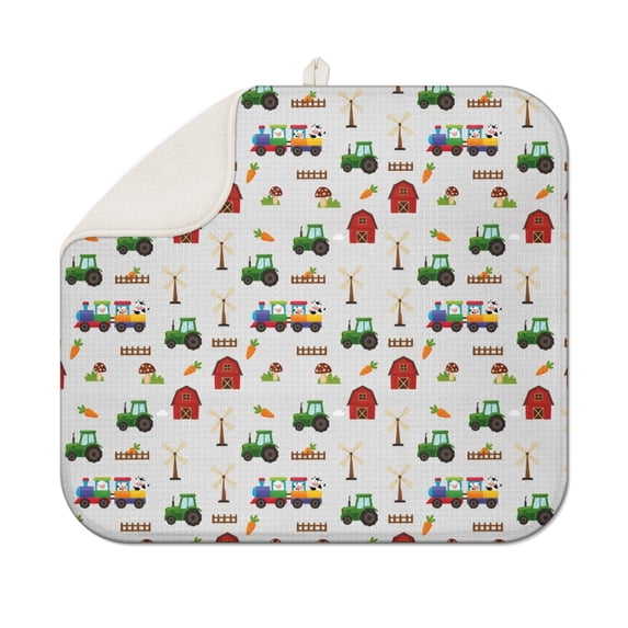Cartoon Farm Vehicles Barns Gray Pattern Dish Drying Mat for Kitchen 1 Pack, Ultra Absorbent Microfiber Dishes Drainer Mats,16"x18"