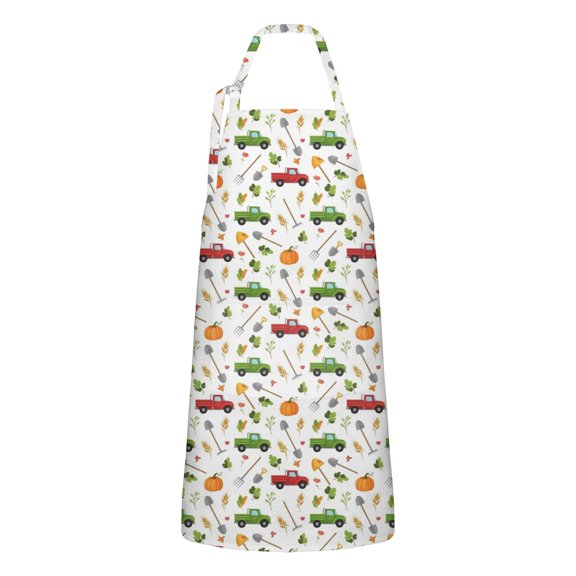 Cartoon Farm Vehicles Pumpkins White Apron-Garden Aprons for Women with Pockets-Cotton Linen Waterproof Kitchen Cooking Gardening Aprons Adjustable for Kitchen,Cooking,BBQ and Salon 33x27 Inch