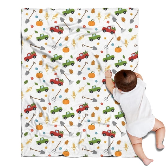 Cartoon Farm Vehicles Pumpkins White Pattern Blanket,Comfortable Soft Lamb Wool Throw Blanket,All Season,Warm Lightweight Blankets for Sofa Bed Couch Living Room Chair,30"x40"