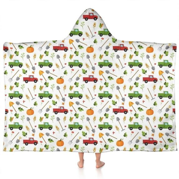 Cartoon Farm Vehicles Pumpkins White Pattern Hooded Bath Towel,60"x35" for Ages 3 To 12 Kids, Quick Dry Lightweight Soft Microfiber Hood Beach Towel Cover Up for Kids