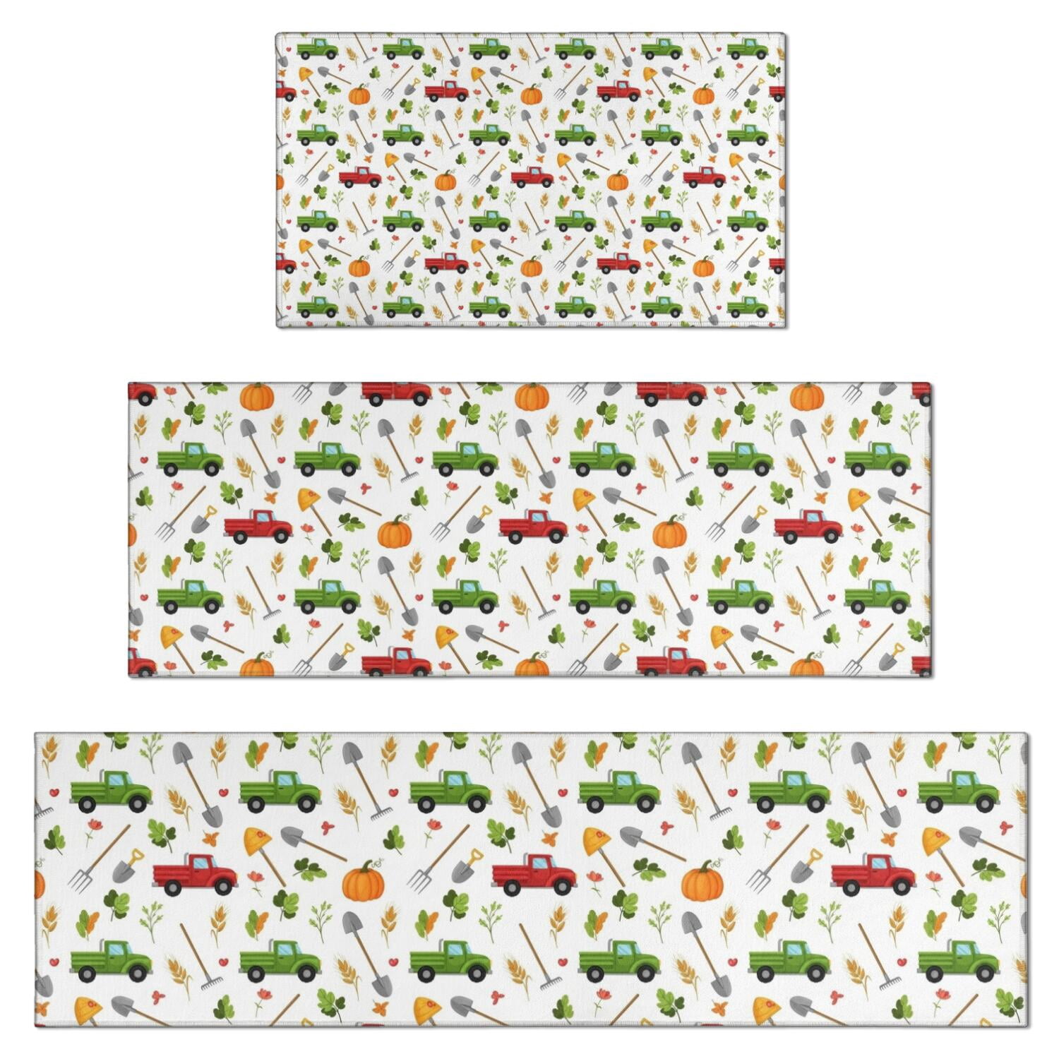 Cartoon Farm Vehicles Pumpkins White Pattern Kitchen Rugs Sets Of 3 ...
