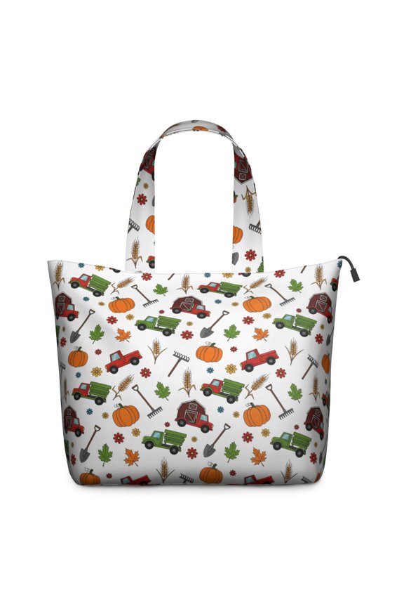 Cartoon Farm Vehicles Pumpkins White Pattern Travel Tote Bags for Women Carry On,Large Weekender Bags for Women Travel,Multi Functional Duffle Bag for Work,Shopping,Sports