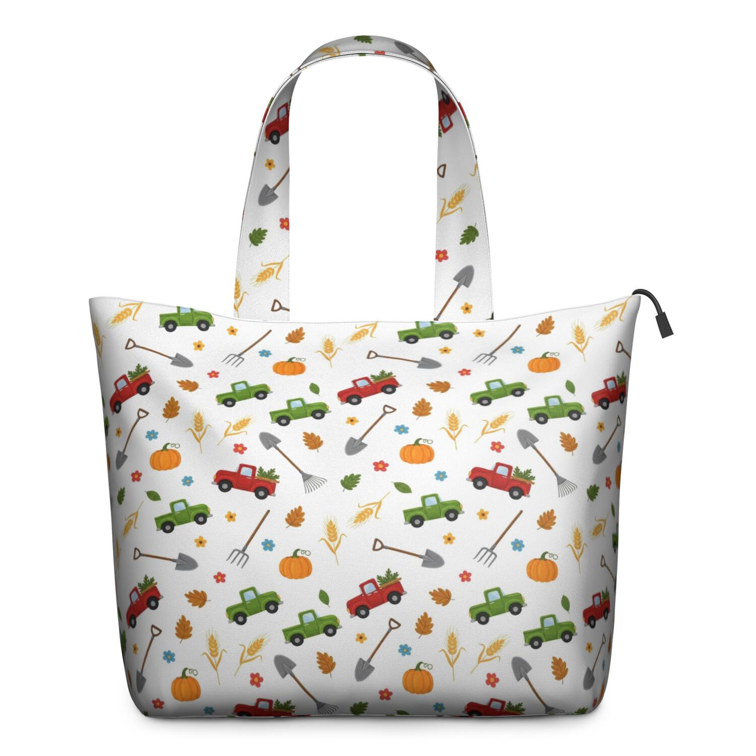 Cartoon Farm Vehicles Pumpkins White Pattern Travel Tote Bags for Women Carry On,Large Weekender Bags for Women Travel,Multi Functional Duffle Bag for Work,Shopping,Sports