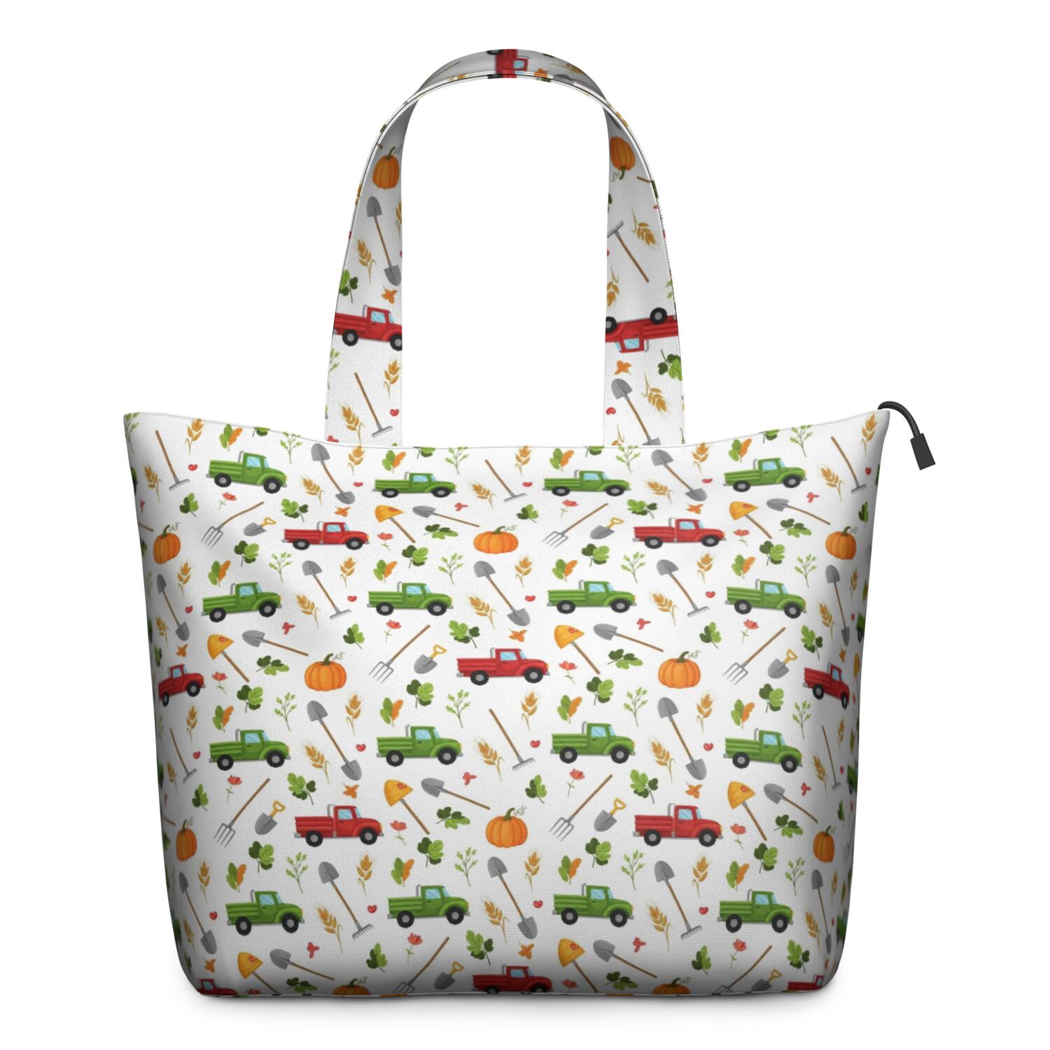 Cartoon Farm Vehicles Pumpkins White Pattern Travel Tote Bags for Women Carry On,Large Weekender Bags for Women Travel,Multi Functional Duffle Bag for Work,Shopping,Sports