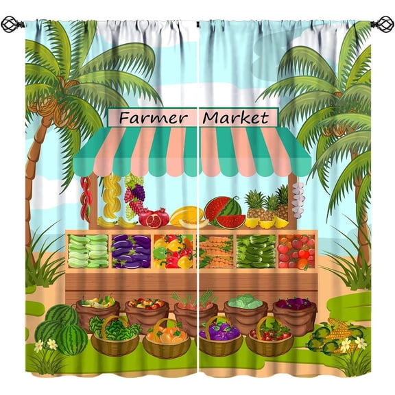 Cartoon Farmer Market Curtains, Summer Fresh Fruits Vegetables Banana Watermelon Tropical Hawaiian Beach Print Blackout Window Drapes for Kids Bedroom Livingroom, 42" W X 63" L