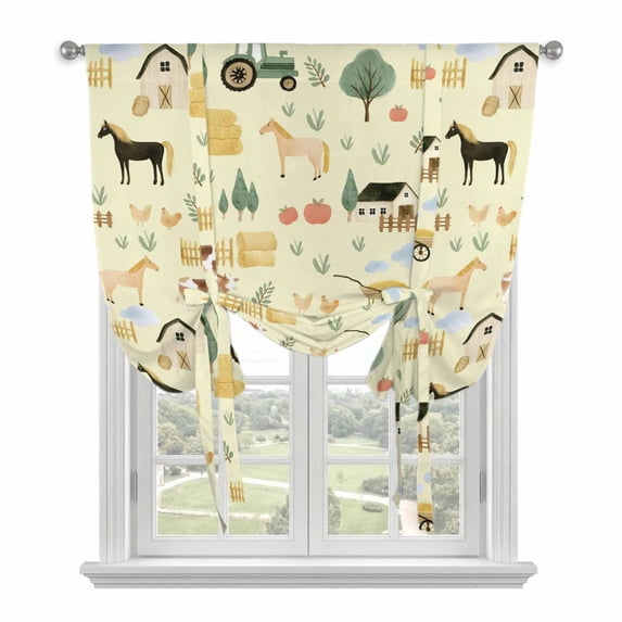 Cartoon Farmhouse Balloon Curtains for Living Room/French Door, Cute Watercolor Cabin Animals Trees Yellow Tie Up Curtains 63 Inch Length Energy Saving Kitchen Curtains Shades for Windows 42"x63"