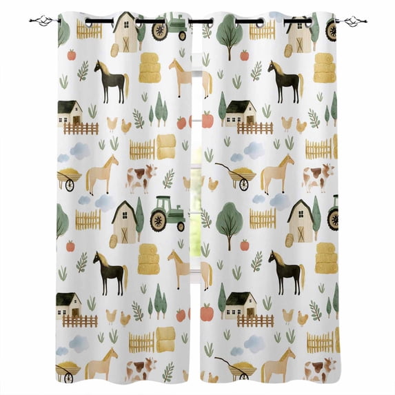 Cartoon Farmhouse Blackout Curtains for Bedroom, Cute Watercolor Cabin Animals Trees Thermal Insulated Kitchen Drapes with Grommets, Light Blocking Window Treatment, 2 Panels 52" x 72"