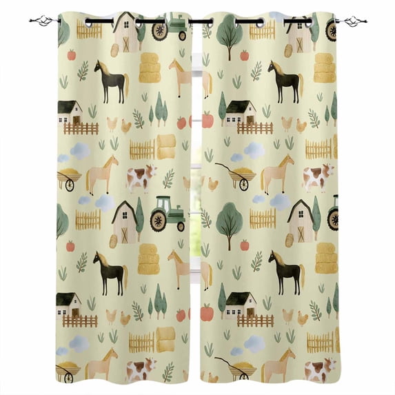 Cartoon Farmhouse Blackout Curtains for Bedroom, Cute Watercolor Cabin Animals Trees Yellow Thermal Insulated Kitchen Drapes with Grommets, Light Blocking Window Treatment, 2 Panels 52" x 54"