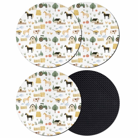 Cartoon Farmhouse Coasters Set of 4, Absorbent Coasters for Drinks, Cute Watercolor Cabin Animals Trees Coaster for Desk Coffee Table Protection, Home Decor House Warming Gifts 4"
