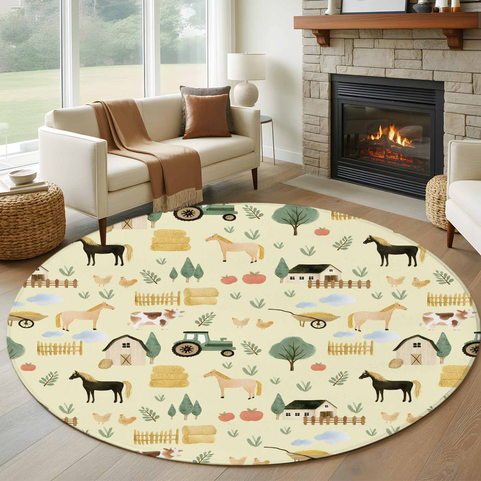 Cartoon Farmhouse Round Area Rug 7Ft Washable Circle Rugs for Dorm ...