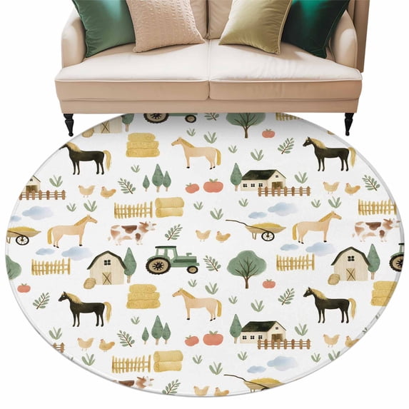 Cartoon Farmhouse Round Area Rugs Collection 7', Cute Watercolor Cabin ...