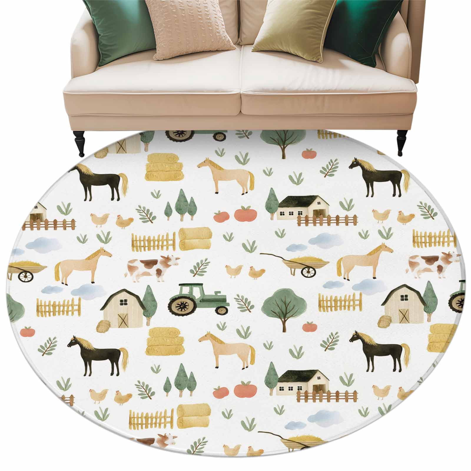 Cartoon Farmhouse Round Area Rugs Collection 8', Cute Watercolor Cabin ...