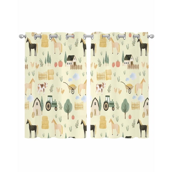 Cartoon Farmhouse Sheer Curtains 39 Inch Length 2 Panels Set for Living Room/Bedroom, Cute Watercolor Cabin Animals Trees Yellow Kitchen Curtains Grommet Curtains Window Treatments 27.5"x39"x2