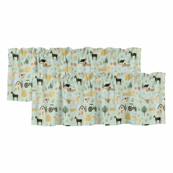 Cartoon Farmhouse Valances for Windows, Decorative Rod Pocket Window Valance Curtains, Cute Watercolor Cabin Animals Trees Green Short Curtain Drapes for Kitchen/Living Room, 2 Panels, 42" W x 12" L