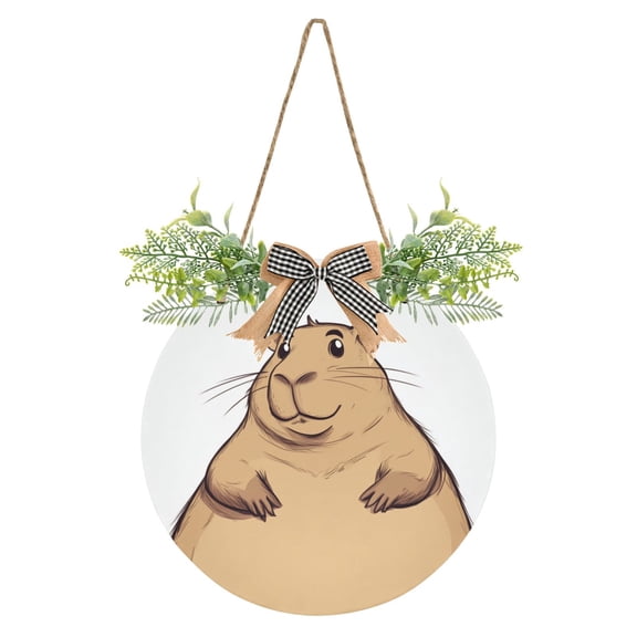 Cartoon Fat Capybara Front Door Porch Decoration Hanging Sign with Artificial Green Plants and Bow for Home Outdoor Indoor