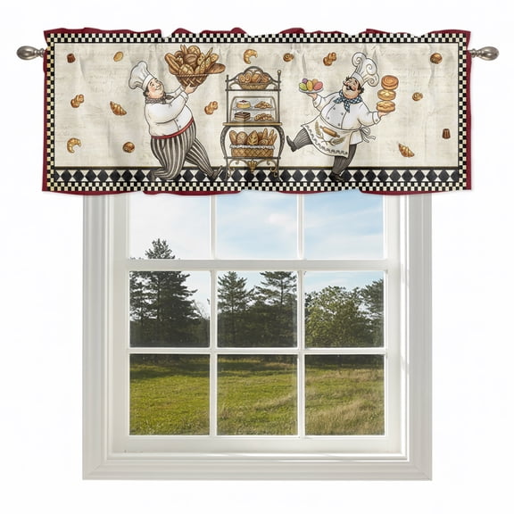 Cartoon Fat Chef Buffalo Plaid Valances for Windows,Rod Pocket Valance for Kitchen Bedroom Bathroom Living Room, Pastry Cart Italian Bistro Window Valance Curtain Farmhouse Short Curtains 54x18in