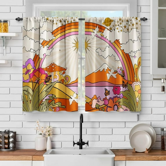 Cartoon Field Floral Kitchen Curtains - Flowers Mushroom Mountain Rainbows Pigeon White Clouds Decor Short Curtains for Dining Room Rod Pocket Window Drapes 2 Panels Set, 28"x36"