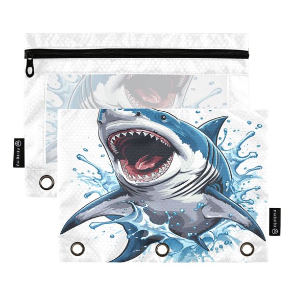 Cartoon Fierce Shark 2 Pack Pencil Pouch for 3 Ring Binder Smooth Zipper Folders with Pockets Clear Window Pencil Case