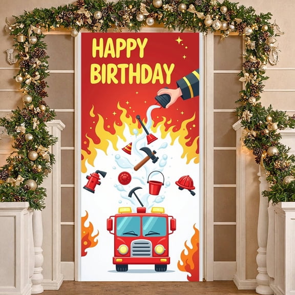 Cartoon Fire Truck Fire Truck Birthday Banner Red Theme Firefighter Party Display Flaming Design Firefighter Tools Fireman Backdrop for Kids Birthday Party Boys' Birthday Fire Truck Theme Party