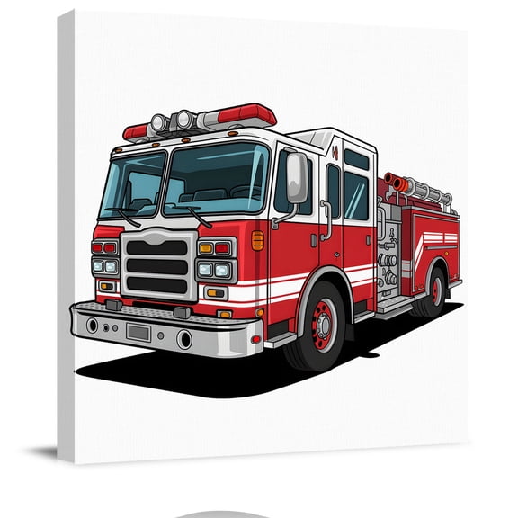 Cartoon Fire Truck Red Grey Car Canvas Artwork Painting Art, Patriotic Firefighter Trucks on White Square Framed Wall Decorations Prints Picture for Bedroom Kitchen Living Room, 16x16 in