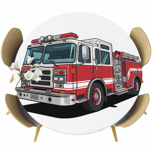 Cartoon Fire Truck Red Grey Car Fitted Round Tablecloths Table Covers 36"-44",Waterproof Table Cloth for Kitchen Holiday Party Tables Decor
