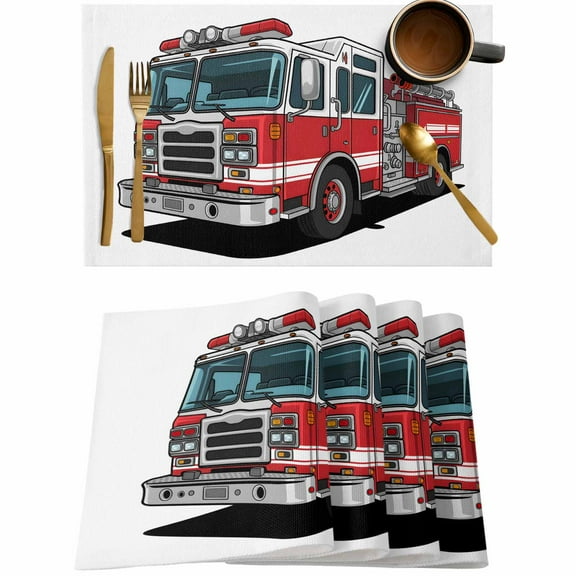 Cartoon Fire Truck Red Grey Car Placemats Set of 4,Wipeable Washable Table Mats for Dining Tables,Patriotic Firefighter Trucks on White Place Mats for Kitchen Event Party Tabletop Decor