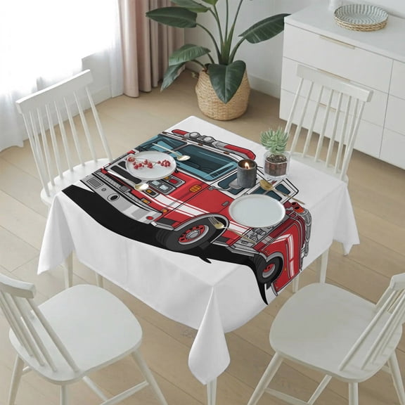 Cartoon Fire Truck Red Grey Car Table Cloth 54x54in, Waterproof Square Tablecloth Wipeable Tablecloths Patriotic Firefighter Trucks on White Table Covers for Dining Tables Party Indoor Outdoor