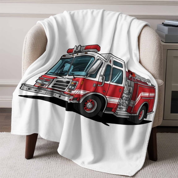 Cartoon Fire Truck Red Grey Car Throw Blanket Flannel Fleece Throws, Patriotic Firefighter Trucks on White Lightweight Super Soft Warm Blankets for Couch Sofa Bed All Season Use, 50x60 in