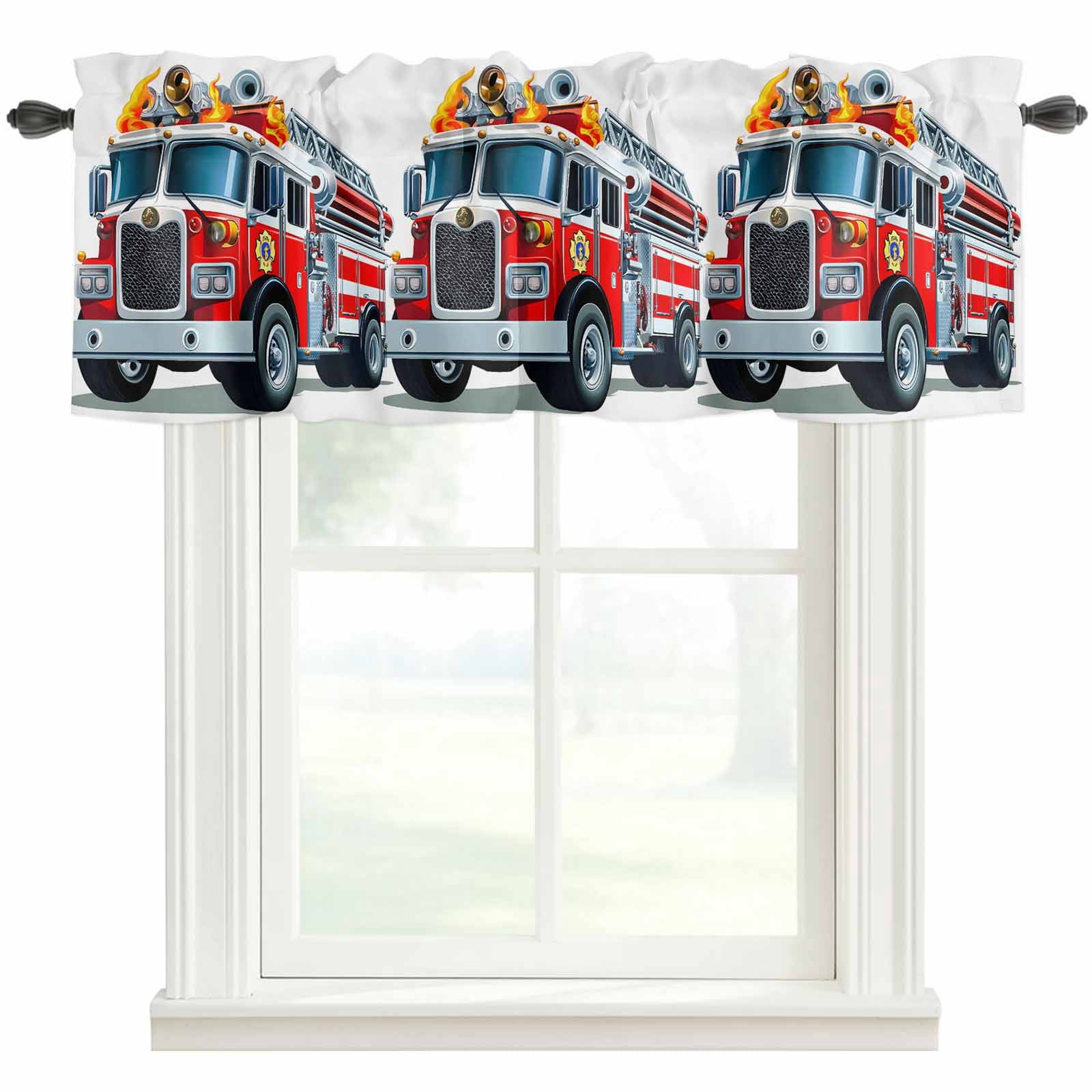 Cartoon Fire Truck Window Valance Curtain Red Truck Rod Pocket Short ...