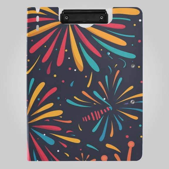 Cartoon Fireworks in Night Foldable Binder Folder Clipboard with Pen Slot Double Clips A4 Size File Storage
