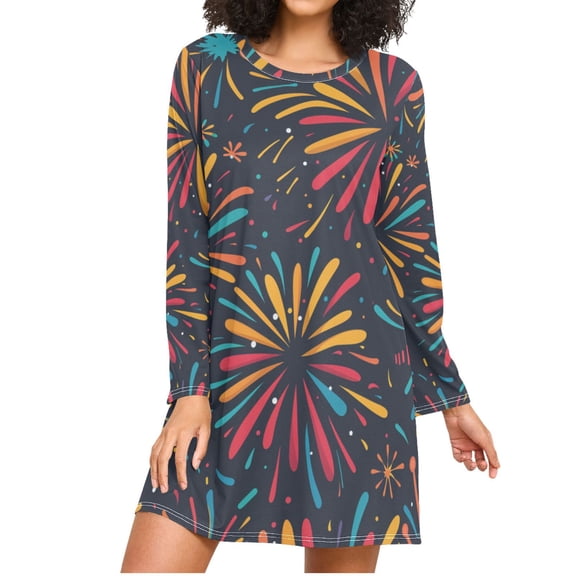 Cartoon Fireworks in Night Women's Long Sleeves Nightgowns Sleepwear Soft Pajama A-line Sleep Dress M