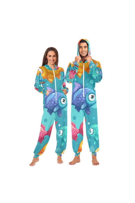 Cartoon Fish Adult Onesie Pajamas Slim Fit Christmas One Piece Suit Pjs for Women and Men Hooded Zipper