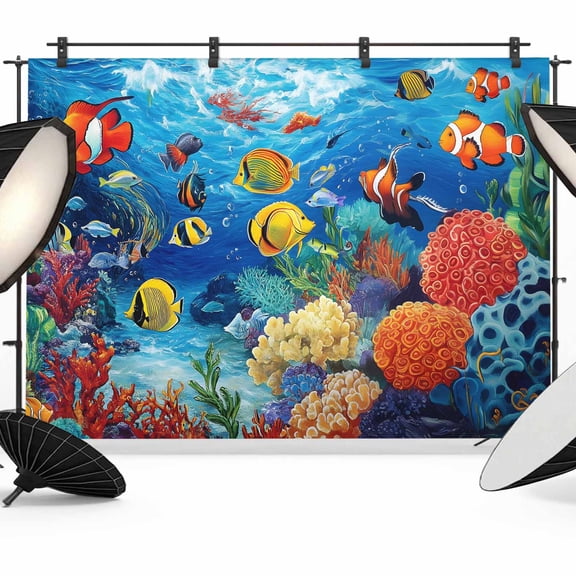 Cartoon Fish Backdrop for Photoshoot,Photography Photo Studio Background Wall Backdrop,Blue Colorful Sea Ocean Seagrass Coral Back Drop Banner Panel for Portraits Wedding Party Live Streaming 7x5Ft