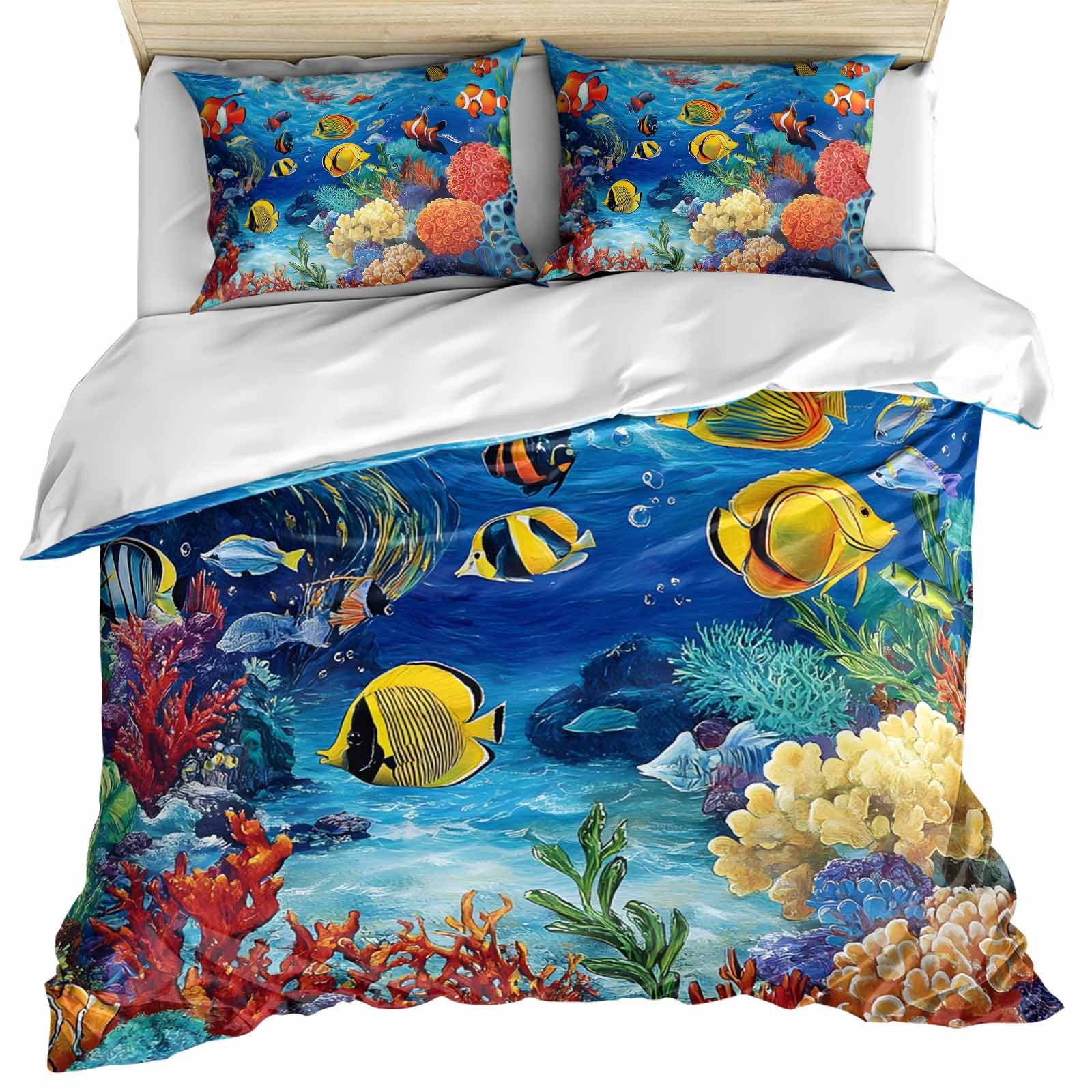 Cartoon Fish Bedding 3 Piece Duvet Cover Set Full Size, Blue Colorful ...