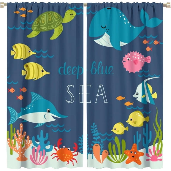 Cartoon Fish Curtains Cute Funny Sea Animals Shark Turtle Starfish Coral Kids Boys Girls Bedroom Living Room Bathroom Nursery Rod Pocket Decoration Window Drapes 2 Panels W42xL54in