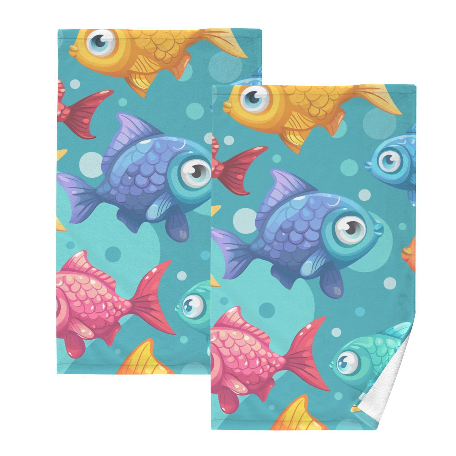Cartoon Fish Hand Towels Cotton Bath Towels Large Face Towels Absorbent for Bathroom 2 Packs