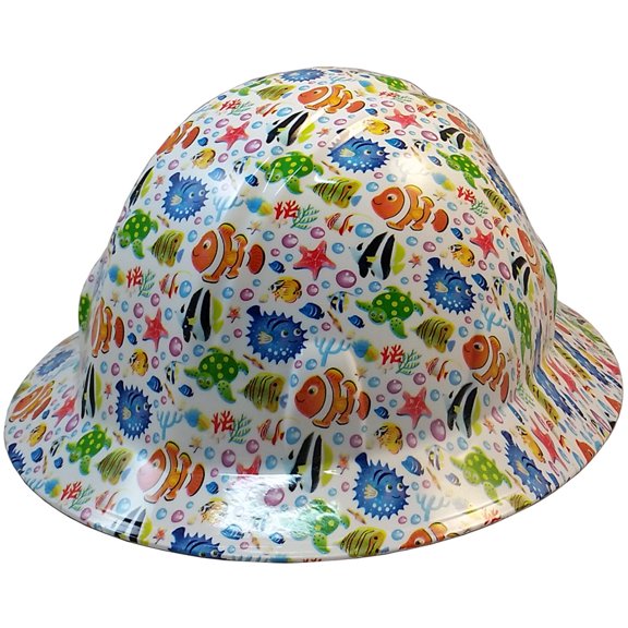 Cartoon Fish Hydro Dipped Hard Hats Full Brim Design with 4 Pt Suspension
