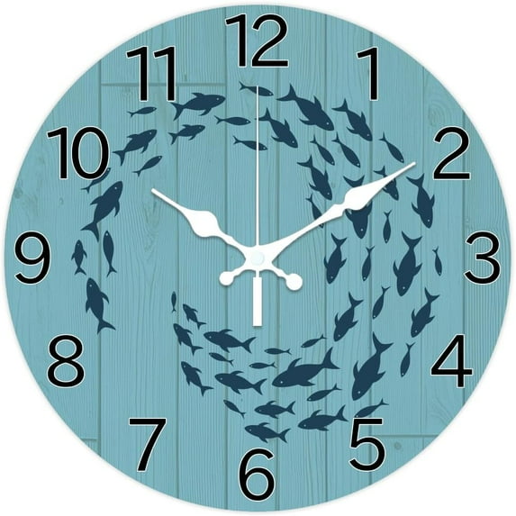 Cartoon Fish Pattern Wall Clock 12 Inch Non-Ticking School of Fish ...