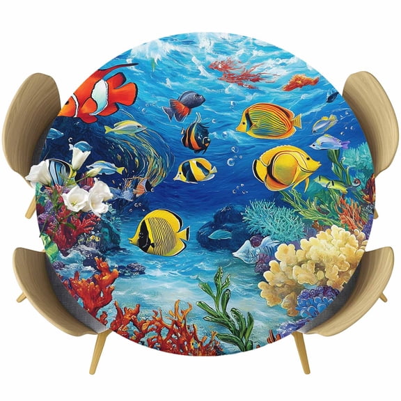 Cartoon Fish Round Tablecloth 55-60 Inch Round Fitted Table Cloth with Elastic Edge, Blue Colorful Sea Ocean Seagrass Coral Waterproof Table Cover Protector for Outdoor Picnic Party Dining