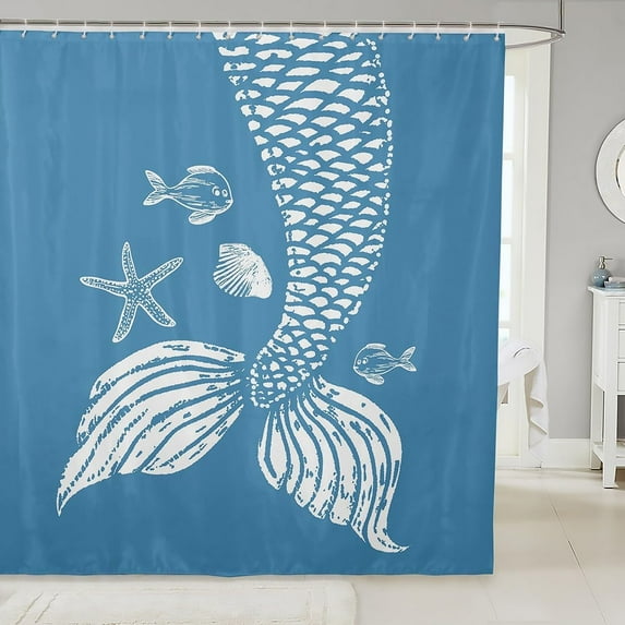 Cartoon Fish Scale Shower Curtain 84x72 inch for Stalls,Mermaid Bathroom Curtain,Tropical Mermaid Tail Fabric Shower Curtain Set,Ocean Starfish Shell Waterproof Bathroom Curtains