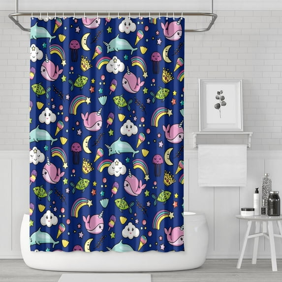 Cartoon Fish Shower Curtain 72x72 Inch, Colorful Underwater Theme Waterproof Polyester Fabric Curtain with Hooks for Kids Bathroom or Coastal Home Decor