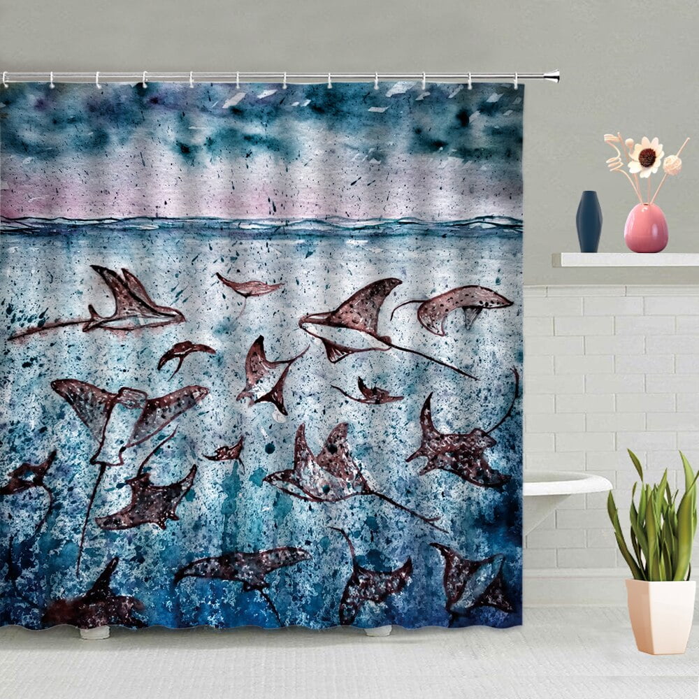 Cartoon Fish Shower Curtain Ocean Animal Bathroom Accessories Set Wall