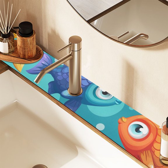Cartoon Fish Sink Splash Guard Faucet 14.7x5.4in Drying Mat Drying Mat Absorbent Pad for Bathroom Kitchen 1PCS